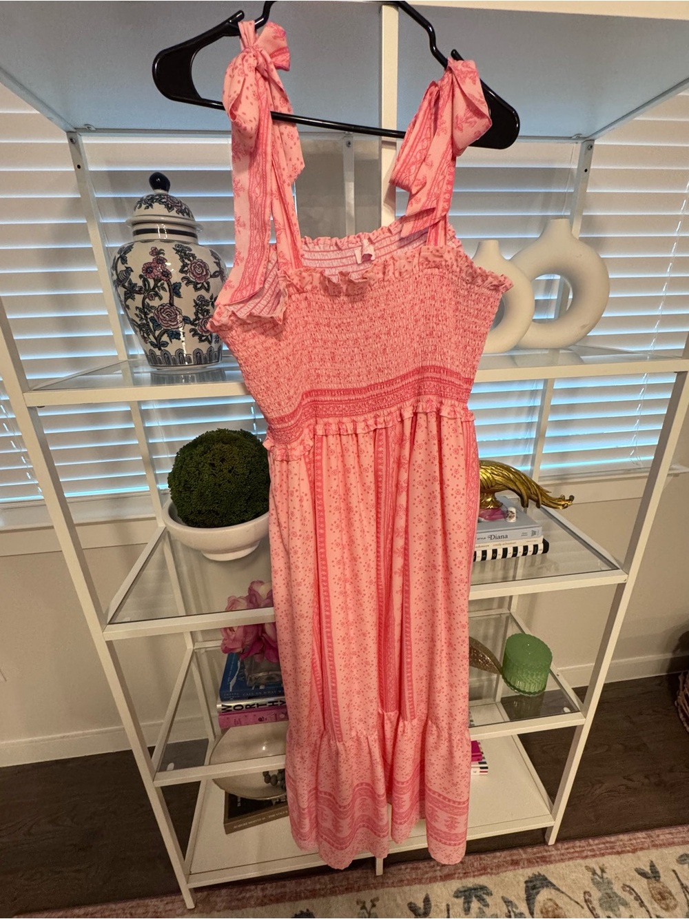 Pink Tie-Shoulder Smocked Sundress